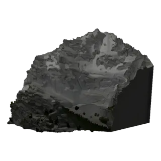 3D модель зубчатого горного хребта с каменистыми гребнями, заснеженными вершинами и альпийским лесом у подножия.