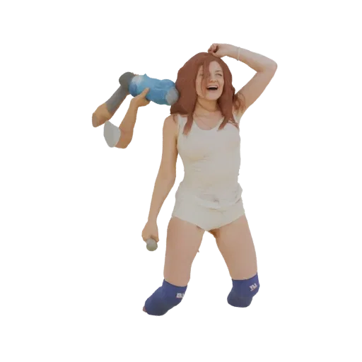 3D-модель женщины с рыжими волосами, в белом топе и шортах, стоящей на коленях и держащей куклу.
