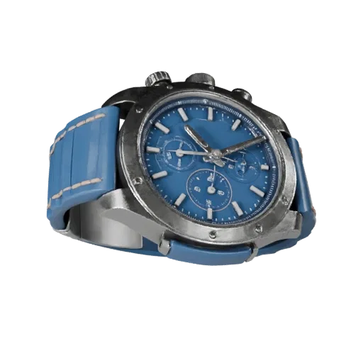 3D-модель часов Diver Chronograph, вид спереди в три четверти, в окне Unity, показывающая металлический корпус, масштаб запяс