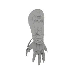 3D model render of a futuristic sci-fi gauntlet with a detailed, clawed hand, presented in a neutral grey material.