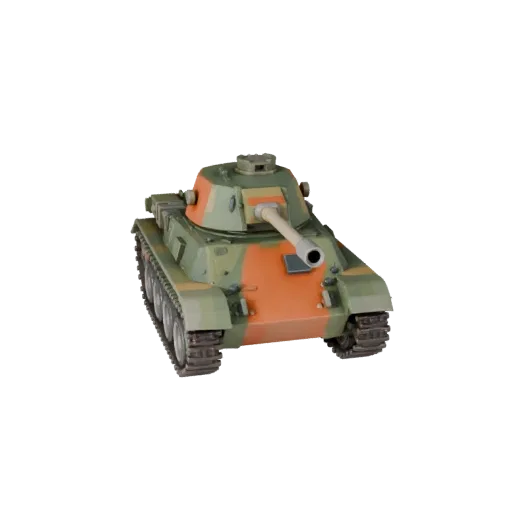 3D модель мультяшного танка, вид в три четверти в студии, стилизованная модель техники с массивной броней, прочной ходовой ча