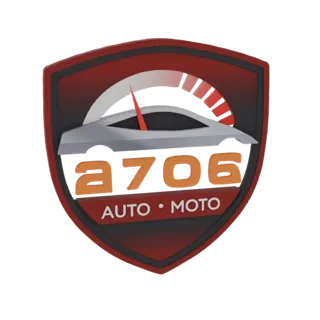 3D рендер эмблемы A706 Auto Moto, с стилизованным силуэтом автомобиля в красно-черном щите, с оранжевым текстом 'a706'.