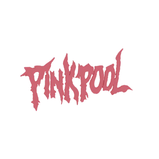3D-модель логотипа 'Pinkpool' в остром, розовом, стилизованном шрифте на белом фоне.