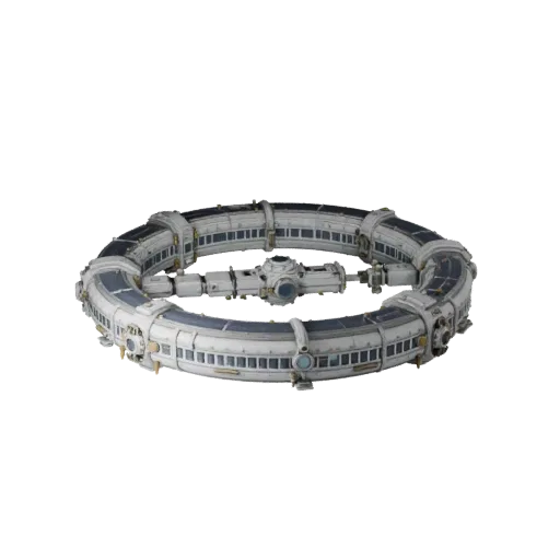 3D-модель коридора космической станции, вид в три четверти спереди, вьюпорт Unity, показывающий металлические модули, детали