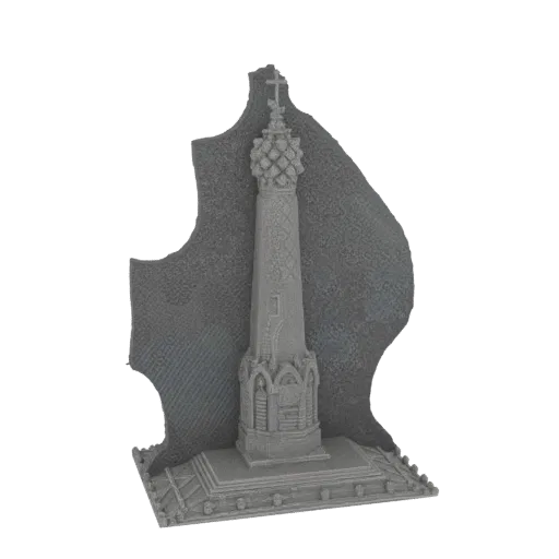 3D модель детализированного готического памятника с высокой башней и крестом наверху на текстурированном фоне.