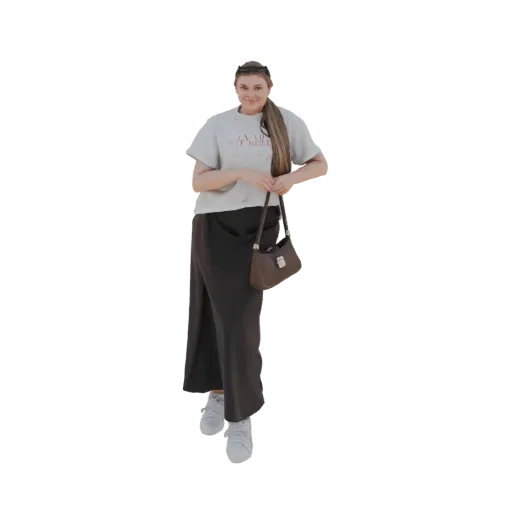 3D модель женщины в светлой футболке, темной юбке, белых кроссовках и коричневой сумочке, в непринужденной позе.
