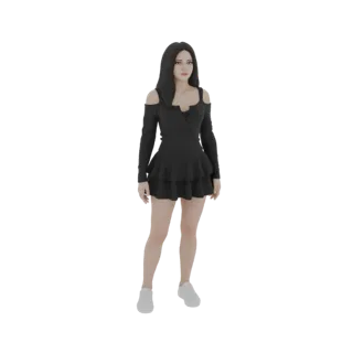 AI-сгенерированная 3D-модель женщины с длинными темными волосами в черном платье с открытыми плечами и белых кроссовках, стоя