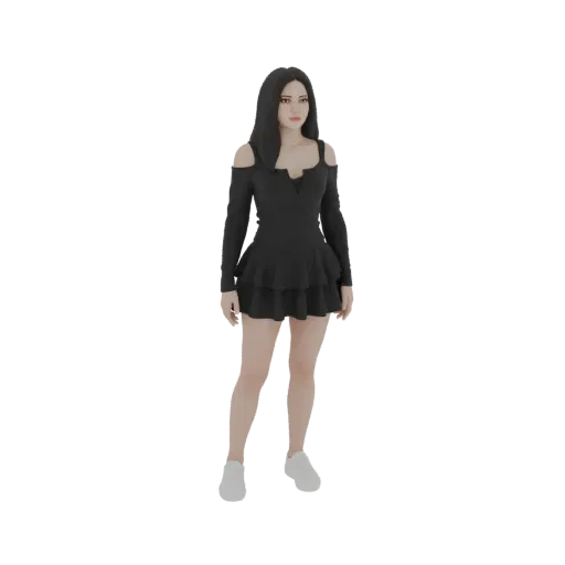 AI-сгенерированная 3D-модель женщины с длинными темными волосами в черном платье с открытыми плечами и белых кроссовках, стоя
