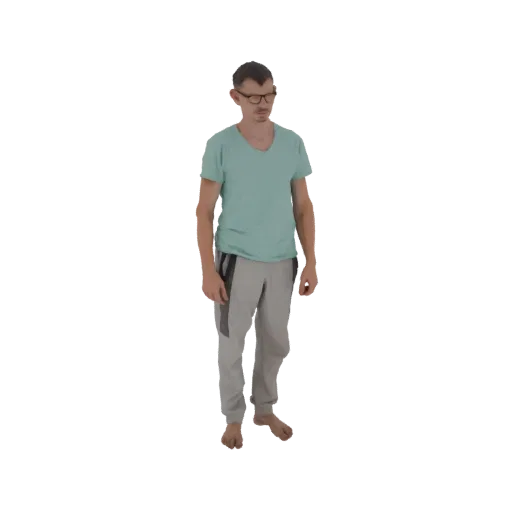 3D-модель мужчины в светло-голубой футболке, серых спортивных штанах и очках, стоящего и смотрящего вниз.