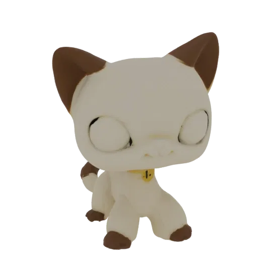 Рендер 3D модели милой фигурки сиамской кошки с кремовой шерстью, коричневыми ушами и хвостом, и желтым ошейником, в игривой
