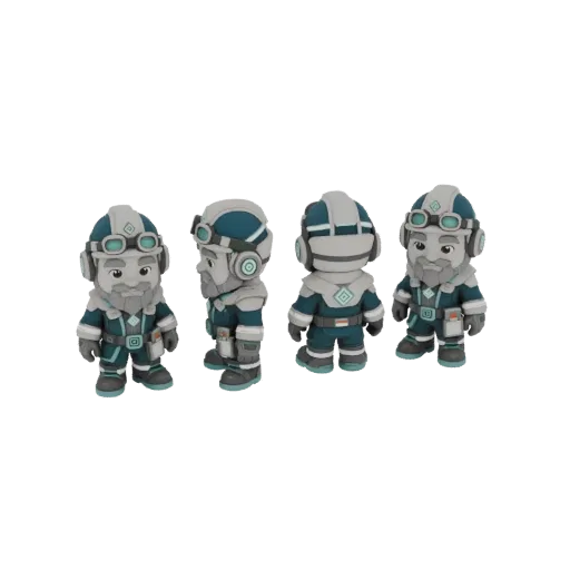 3D модель стилизованного космического исследователя с разных ракурсов, со шлемом, очками и детализированным костюмом с бирюзо