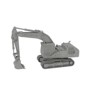 3D модель серого, нетекстурированного экскаватора с большой стрелой и ковшом, стоящего на гусеницах на черном фоне.