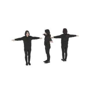 3D-модель персонажа в черной толстовке и штанах, стоящего в T-позе, вид с разных ракурсов.