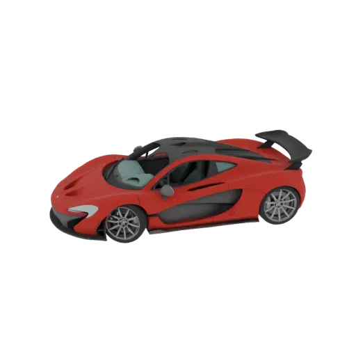 Вид сбоку детализированной 3D модели красного спорткара McLaren P1 с черной крышей и спойлером на черном фоне.
