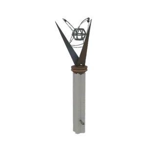 3D модель футуристической атомной скульптуры с центральной сферой, орбитальными элементами, острыми плавниками и сегментирова