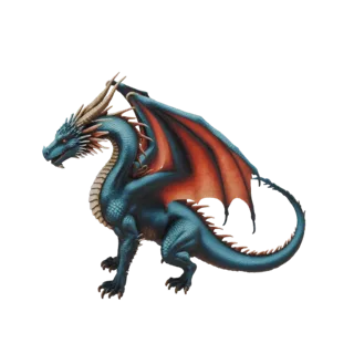 Детализированная 3D модель величественного синего дракона с большими огненно-красными и оранжевыми крыльями, стоящего в насто