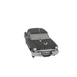 3D модель классического темного седана 1950-х со светлой отделкой, вид спереди в 3/4.