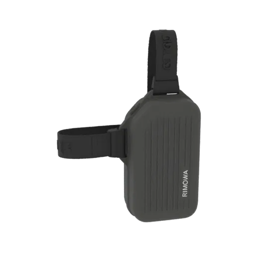 3D модель темно-серой сумки Rimowa Personal Crossbody с черным ремешком, на белом фоне.