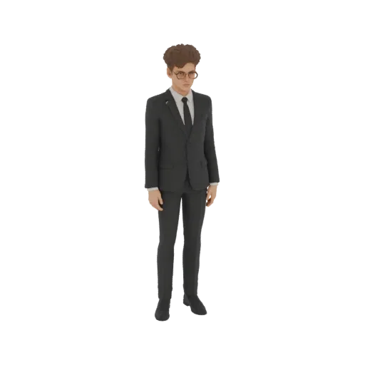 3D модель молодого человека в темном костюме, белой рубашке и галстуке, в очках, стоящего в нейтральной позе.
