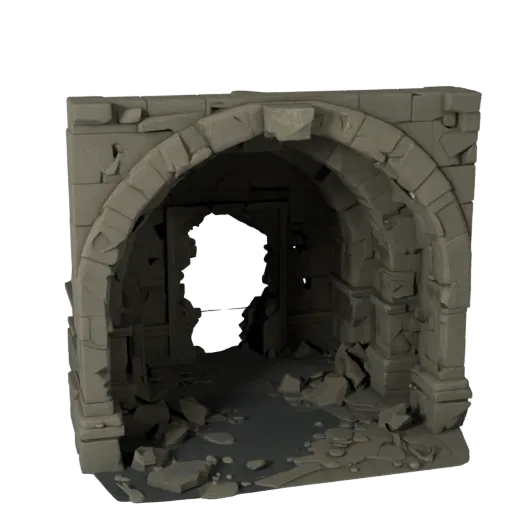 Низкополигональная 3D-модель интерьера затопленных руин, вид на игровое окно в три четверти, показывающий состаренный камень,