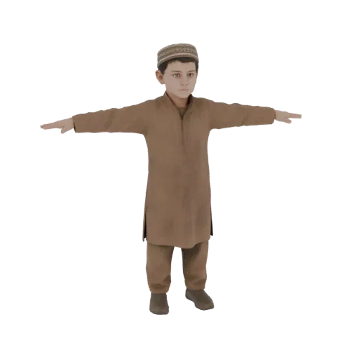3D-модель мальчика в традиционной коричневой тунике и узорчатой шапке, стоящего с вытянутыми руками.