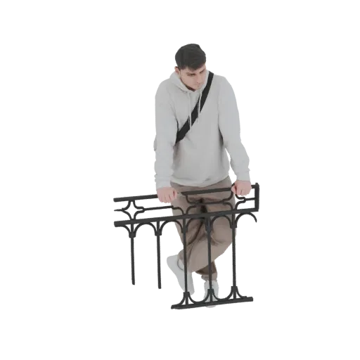 3D модель молодого человека с темными волосами, в светлой толстовке и бежевых брюках, опирающегося на черные декоративные мет