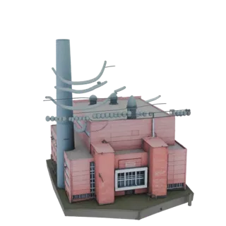3D модель розовой индустриальной электростанции с высокой трубой, линиями электропередач и детализированным фасадом здания на