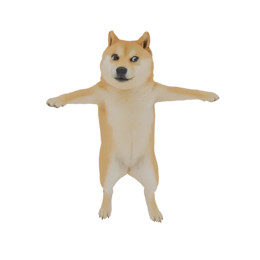 3D модель собаки из мема Doge в T-pose, с вытянутыми руками и слегка расставленными ногами.