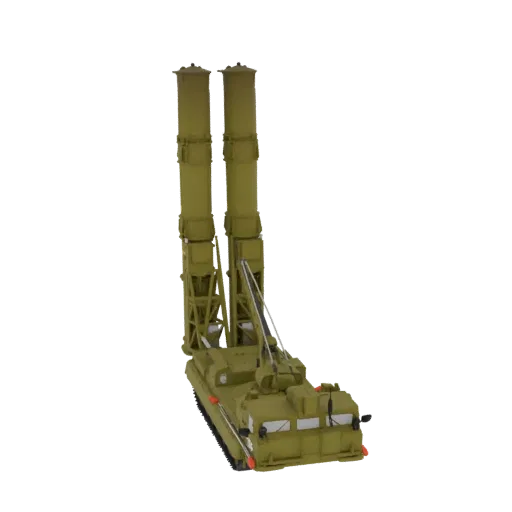 3D модель зеленой пусковой установки ЗРК С-400 с двумя большими ракетными контейнерами на гусеничной базе.