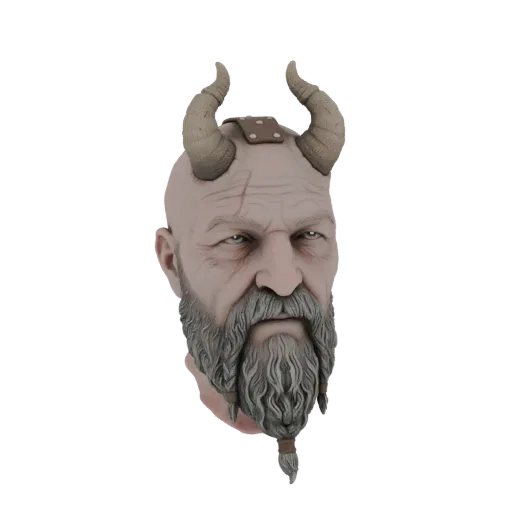 Рендер 3D модели головы старого демонического воина с текстурированными рогами, плетеной бородой и суровым выражением лица на