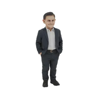 3D модель мальчика в темном деловом костюме, стоящего с руками в карманах и легкой улыбкой.