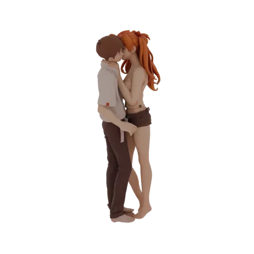 3D модель аниме пары, мужская и женская фигуры, в страстном поцелуе, на белом фоне.