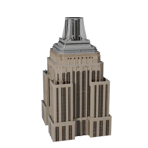 Высокополигональная 3D модель Empire State Building, крупный план архитектурного рендера, показывающий материалы структуры до
