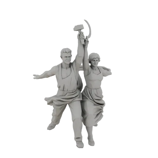 3D модель скульптуры 'Рабочий и Колхозница', изображающая мужчину и женщину, поднимающих молот и серп.