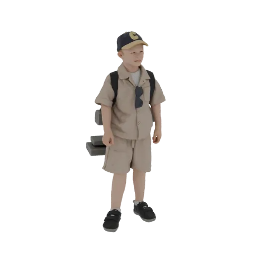 3D модель юного мальчика в образе исследователя, одетого в хаки, синюю кепку с логотипом 'C' и черный рюкзак.