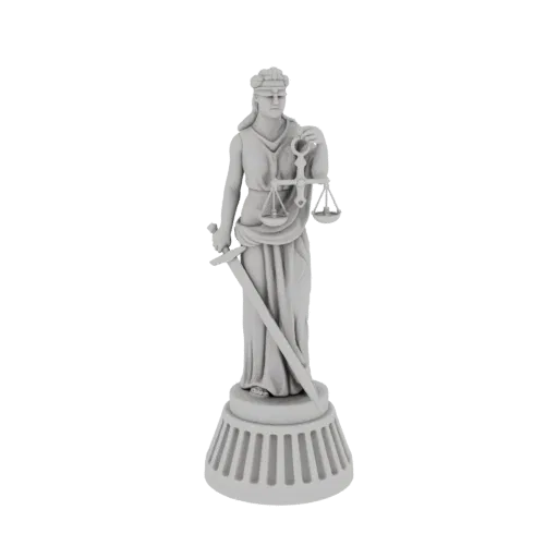 3D модель статуи Леди Юстиции, классическая фигура с весами и мечом на декоративном основании.