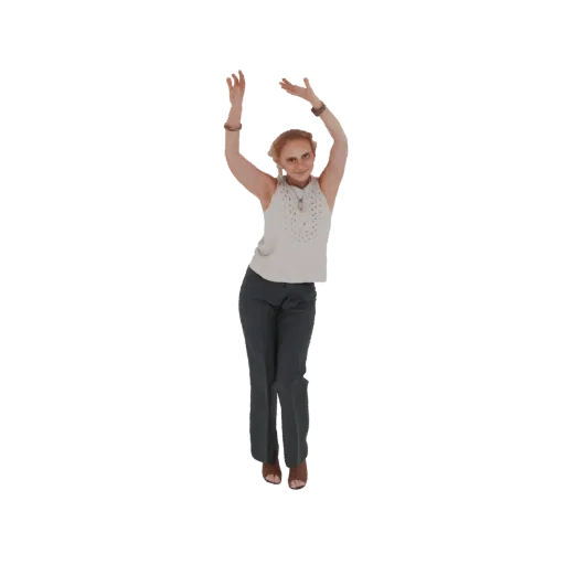 3D модель женщины в белом топе без рукавов и темно-серых брюках, с изящно поднятыми над головой руками.