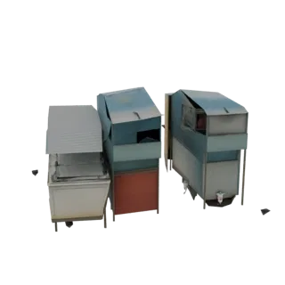 3D модель группы модульных жилищ трущоб с многослойными конструкциями и выветренными текстурами.
