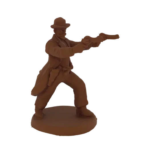 3D модель фигуры стрелка Дикого Запада в шляпе и плаще, с двумя револьверами, стоящая на круглой подставке.