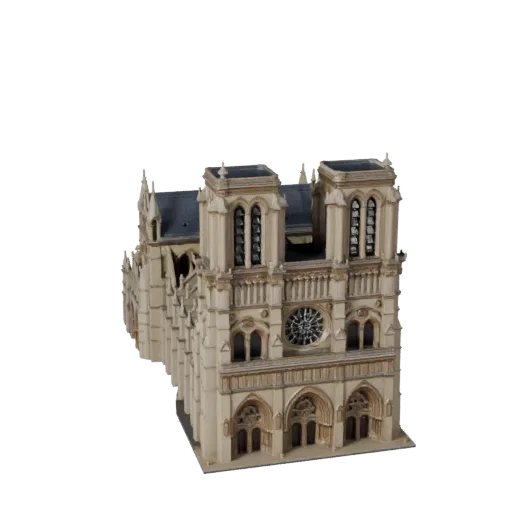 Стилизованная 3D модель собора Парижской Богоматери, изометрический вид стилизованного игрового окружения, показывающий матер