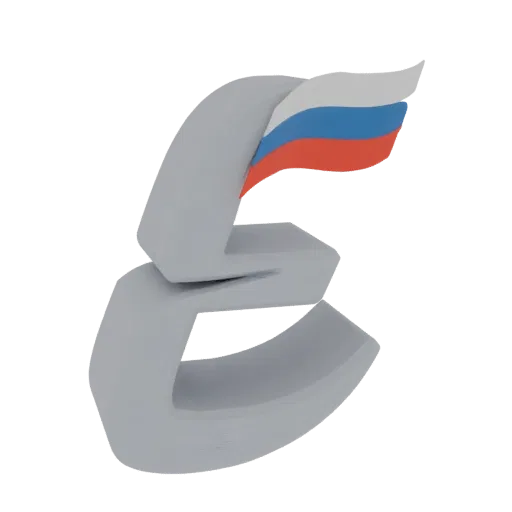 3D-модель стилизованного серого герба с российским флагом, развевающимся сверху.