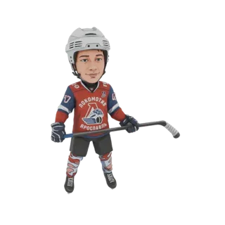 3D модель чиби хоккеиста в красно-синей форме, в белом шлеме и с хоккейной клюшкой.