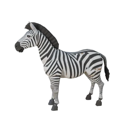 Низкополигональная 3D-модель зебры, вид сбоку в игровой камере, низкополигональная модель животного с детализацией гривы, фор
