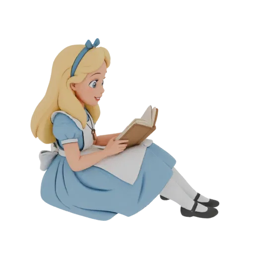 3D модель Алисы из Страны Чудес сидит и читает книгу, с светлыми волосами и синим платьем.
