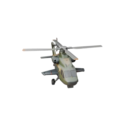 Мультяшная 3D-модель боевого вертолета, вид в три четверти в студии, стилизованный транспортный актив с балансом крыльев, чит