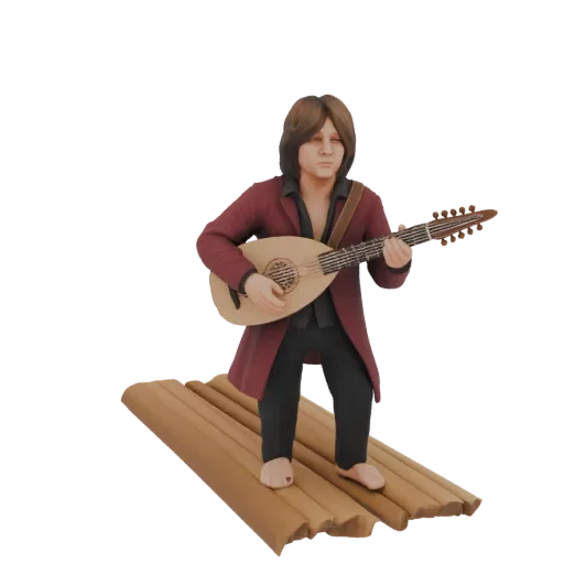 3D модель барда с длинными каштановыми волосами, в бордовом пальто, играющего на лютне стоя на деревянном плоту.
