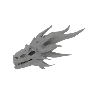 A detailed 3D model of a dragon skull, viewed from the side, with sharp teeth and prominent horns.