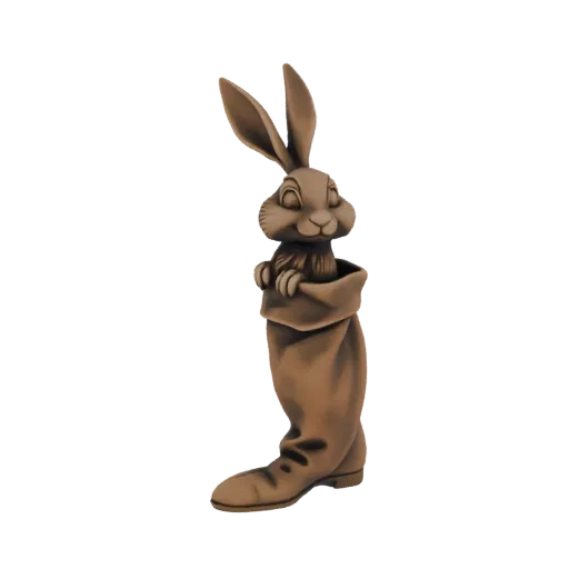 3D модель коричневого кролика с закрытыми глазами, выглядывающего из коричневого сапога, со сложенными лапками.