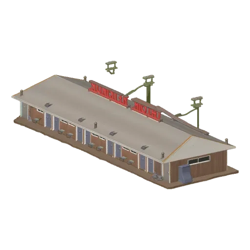 3D-модель здания ретро-мотеля с красной неоновой вывеской и множеством дверей на черном фоне.