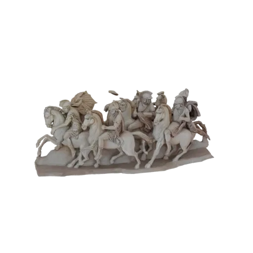 3D-модель античной греческой кавалерийской атаки, показывающая нескольких воинов на лошадях в движении.